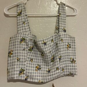 Reformation Light Blue Gingham Floral Crop Top